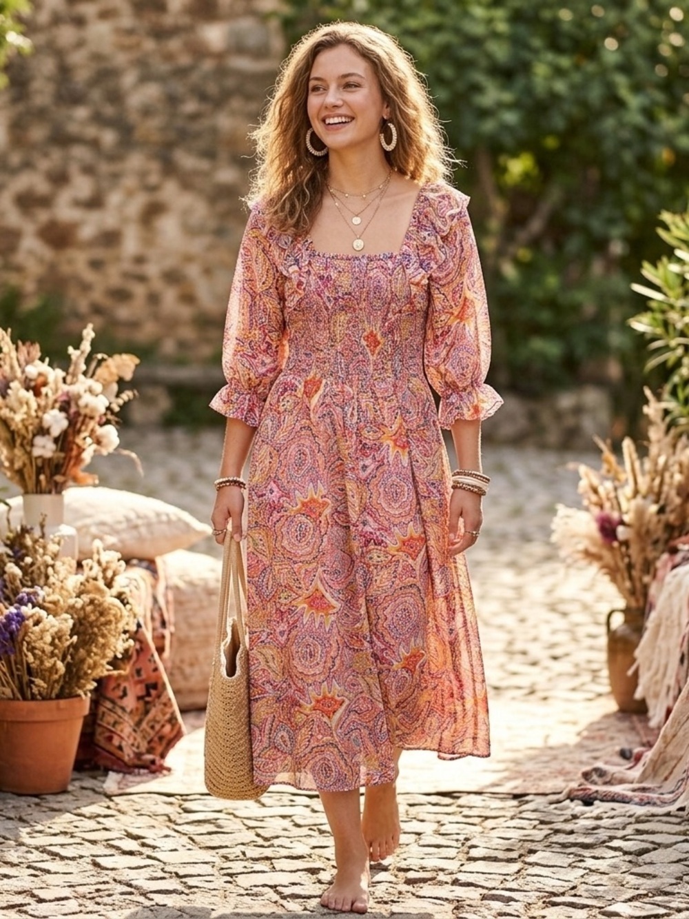 THML Smocked 3/4 Sleeve Ruffle Trim MIDI Dress XS